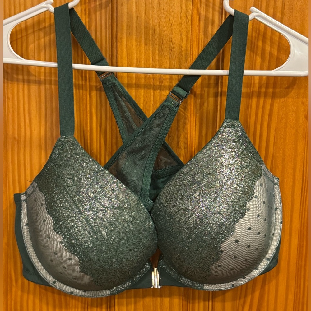 EUC Cacique Sexy Boost Plunge Front Closure Underwire Green Bra 44C